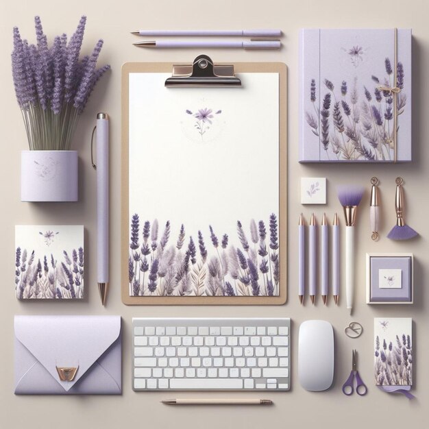 Фото Коллекция фиолетовых цветов и белый ноутбук с изображением лаванды на вершине