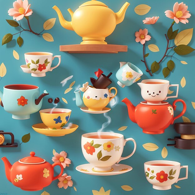 Фото Коллекция чайных стаканов и чайных чашек с голубым фоном