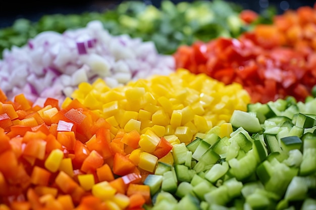 Фото Красочный набор свеже нарезанных овощей для приготовления сальсы