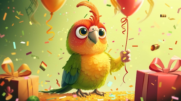 Фото Красочная птица с красным воздушным шаром и буквой p на нем