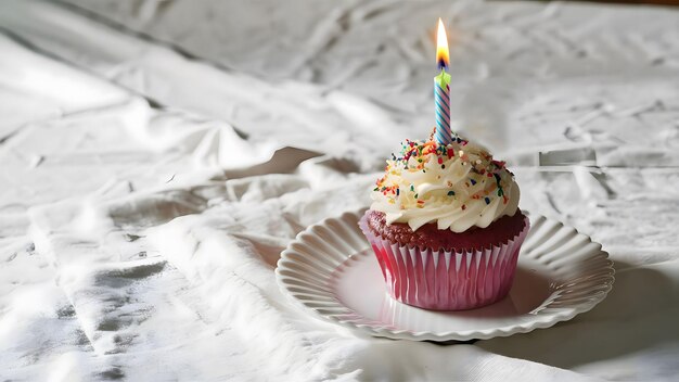 写真 カラフルな誕生日カップケーキと1つのキャンドル