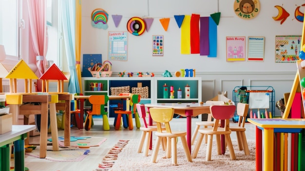 Фото Красочная детская классная комната с образовательными плакатами и игрушками, созданными искусственным интеллектом