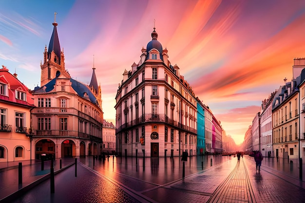 사진 앞면에 다채로운 하늘과 건물이 있는 다채로운 도시 풍경.