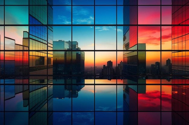 写真 ガラスの日没の映像を映すカラフルな都市風景