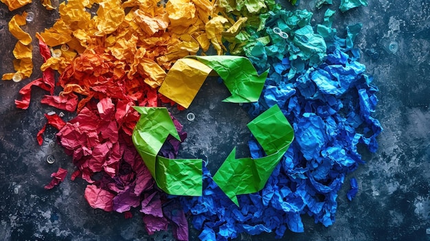 Фото Цветный символ переработки скрученной бумаги на темном фоне.