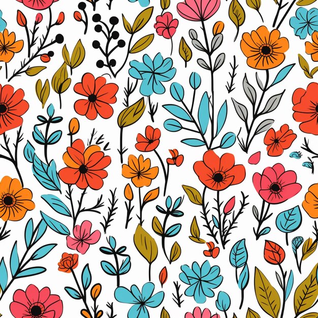 사진 ⁇ 색 배경 에 잎 과 꽃 이 있는 다채로운 꽃 패턴