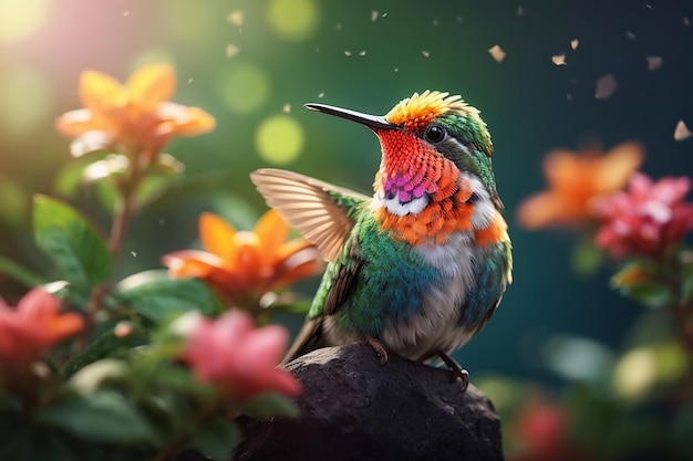 Фото Цветная летающая милая колибри с красочным фоном