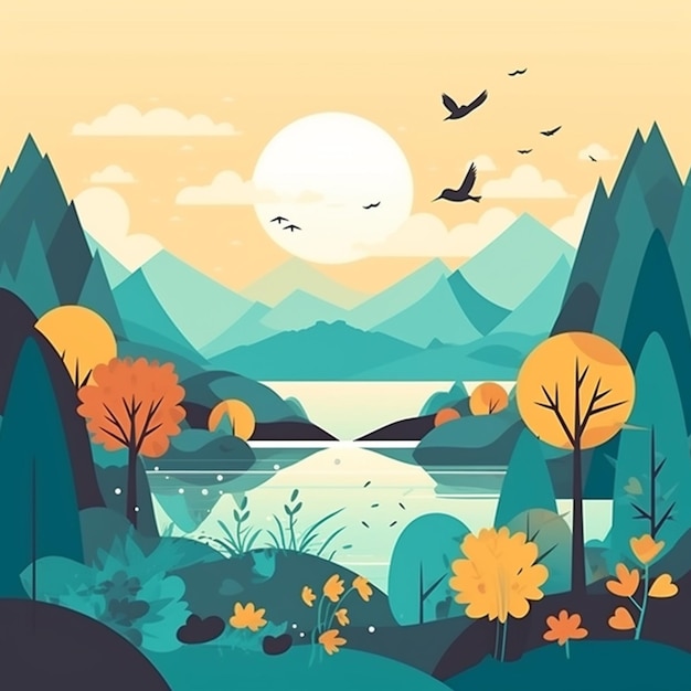 Фото Красочная иллюстрация озера с горой и озера с горой на заднем плане.