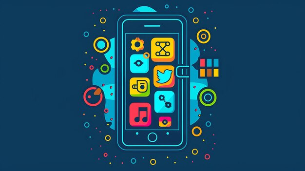 写真 a colorful illustration of a smartphone with various app icons on the screen the phone is surrounded by colorful circles and other abstract shapes