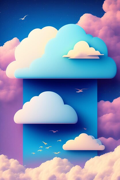 Фото Красочная иллюстрация облаков с голубым небом и летящей над ним чайкой.