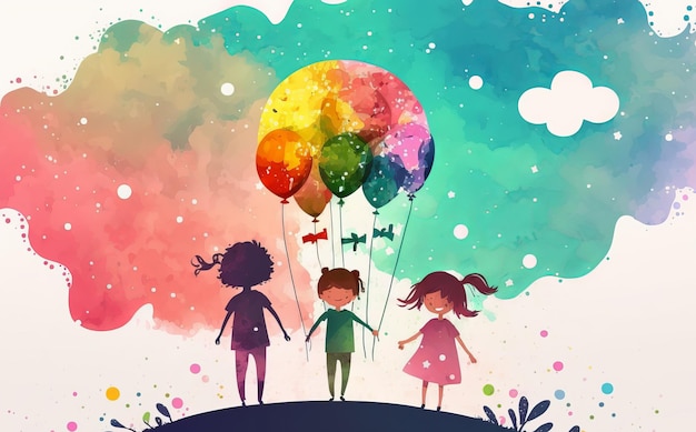 Фото Красочная иллюстрация трех детей, держащих воздушные шары.