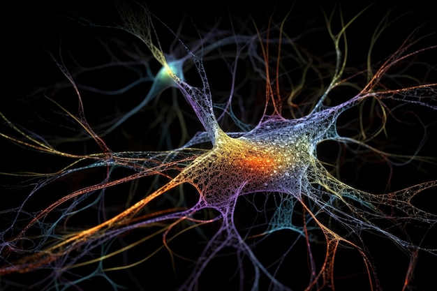 写真 左側に「ニューロン」という単語が表示された脳のカラフルな画像。