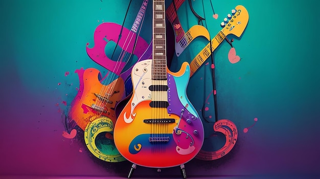 사진 바닥 에 음악 이라는 단어 가 새겨진 기타 의 다채로운 이미지