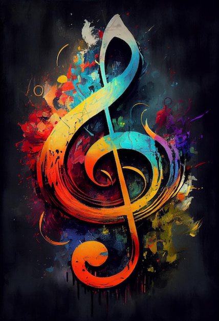 사진 중앙에 고음 음자리표가 있는 다채로운 음악 포스터.