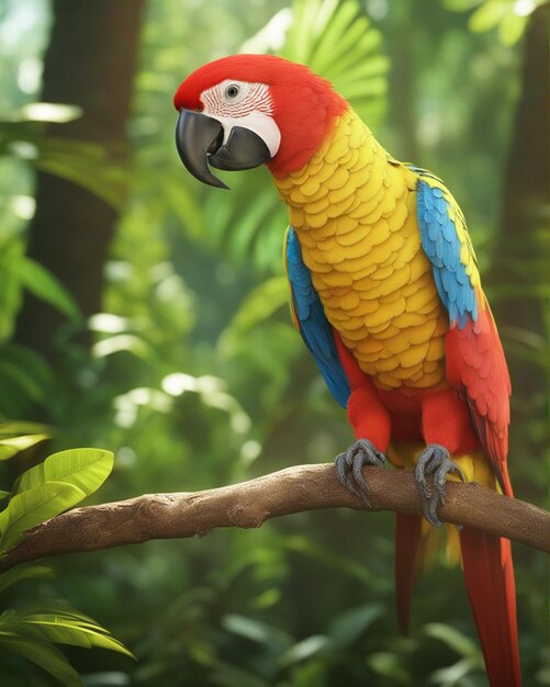 Фото Красочный попугай на ветке с чистым размытым джунглем на заднем плане