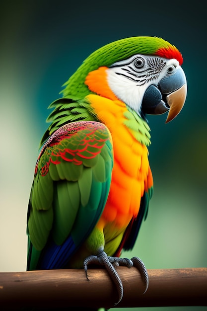 Фото Красочный попугай с зелено-оранжевой головой и крыльями.