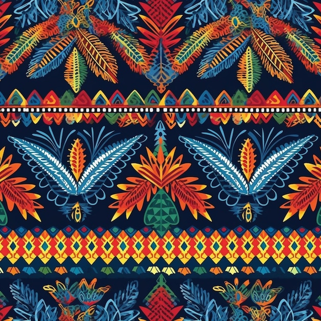 写真 青い背景に鳥と葉を描いたカラフルなパターン