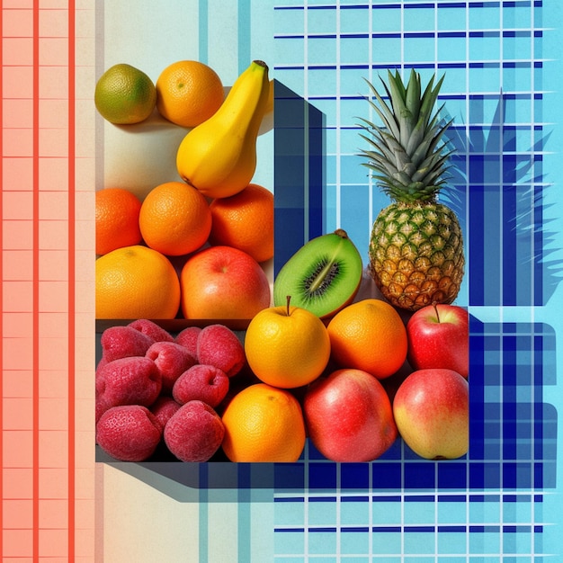 写真 オレンジ、パイナップル、パイナップルなど、さまざまな果物をカラフルに描いた絵です。