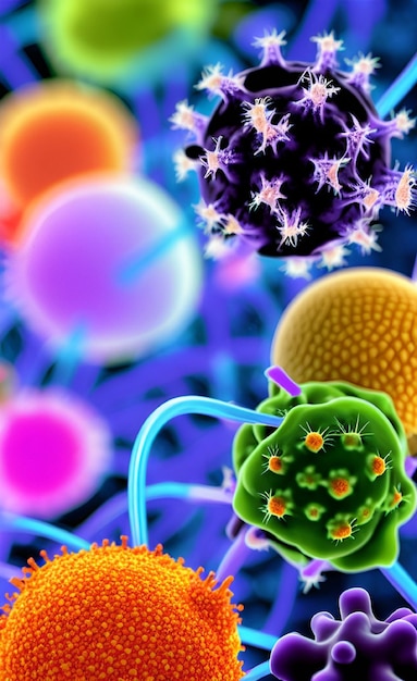 Фото Красочное изображение вируса на фиолетовом фоне.