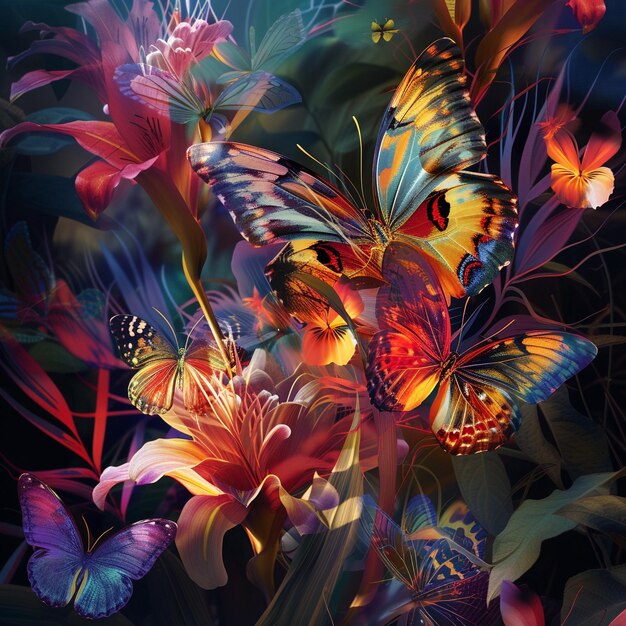 写真 蝶と花のカラフルな絵で底に蝶という言葉が描かれています