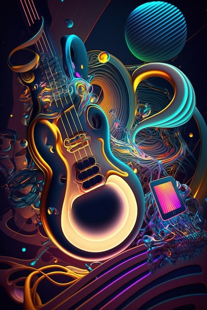 사진 기타와 전화기가 있는 화려한 포스터.