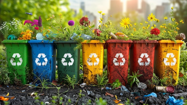 사진 풍경 에 둘러싸인 다채로운 재활용 쓰레기통 과 생태 개념