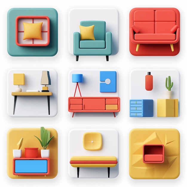 Фото Красочный набор разных диванов с красочным диваном и кофейным столом