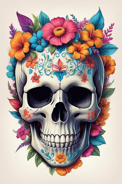 사진 꽃과 두개골이 있는 다채로운 두개골