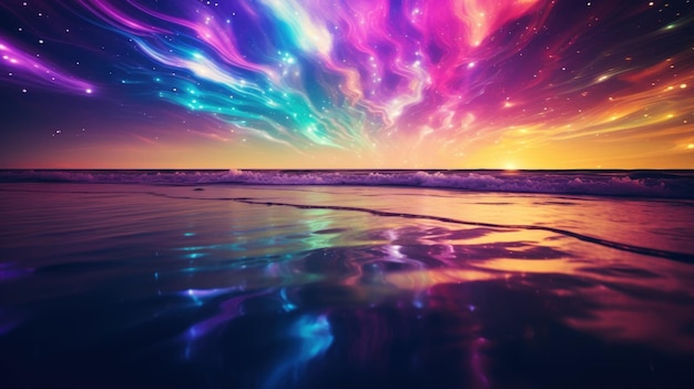 Фото Цветное небо с звездами и облаками над океаном.