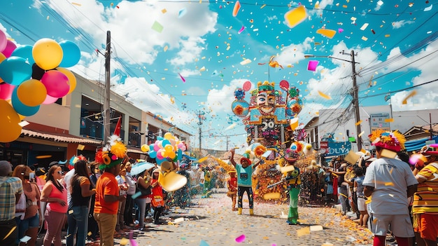 写真 コスチュームとマスクを着て祝いにコンフェッティを投げかける人々が参加するカラフルな街のパレード