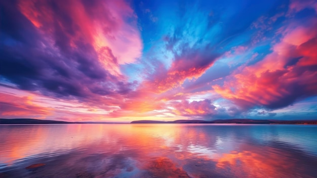 写真 紫色の空と雲の海上のカラフルな夕暮れ