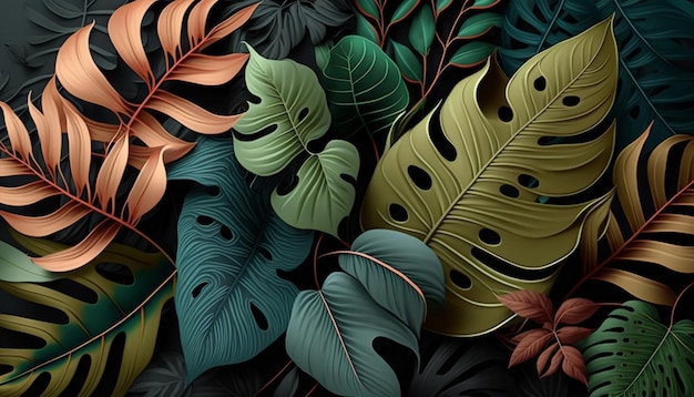사진 검정색 배경을 가진 다채로운 열대 잎 무늬.
