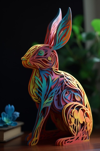 Фото Красочный деревянный кролик сидит на столе перед растением.