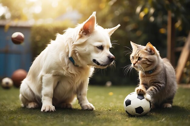 Фото Красочная собака и кошка играют в футбол, созданный искусственным интеллектом.