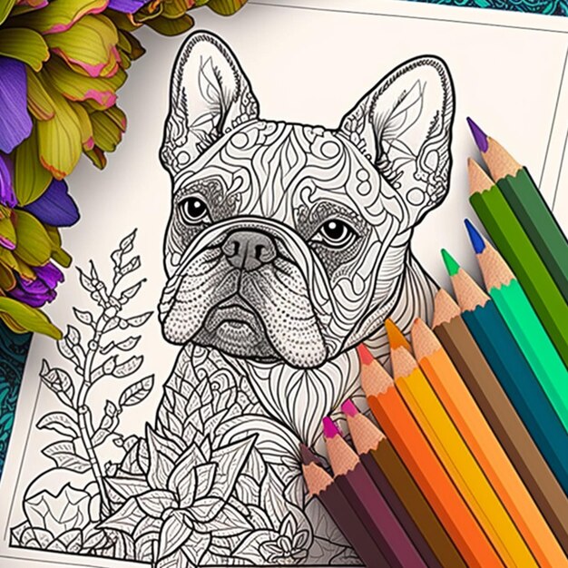 Фото Раскрашивающая книга с собакой и цветами на ней