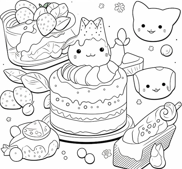Фото Раскрашивающая страница с кошкой и торт с кошкой на вершине генеративный ай