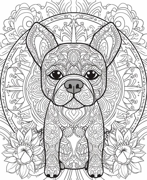 Фото Раскраска страницы с собакой в цветочной рамке генеративный аи