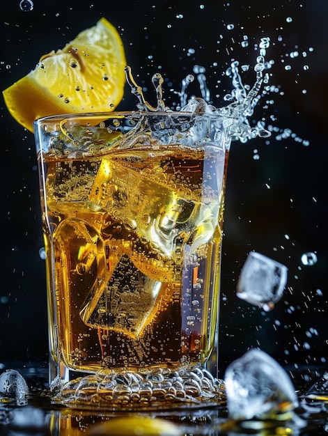 Фото Коммерческая фотография стакана ледяного лимонного чая с кубиками льда и брызгами