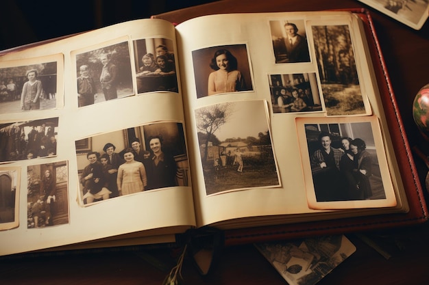 Фото Компиляция разнообразных фотографий в открытой книге, демонстрирующая различные визуальные элементы в одном месте альбом памяти, заполненный фотографиями мамы и семьи, созданный ии
