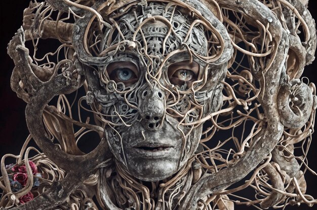 Фото Сложная скульптура лица, окруженная различными проводами и шестернями