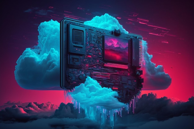 사진 배경에 구름과 별이 있는 컴퓨터 모니터 generated by ai