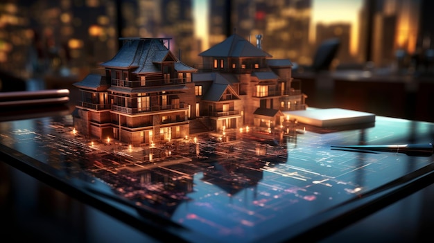 Фото Концепция голо 3d рендеринговой модели большого жилого дома на столе в агентстве недвижимости