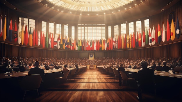 Фото Конференц-зал, заполненный профессионалами фотореалистическая иллюстрация генеративный ии купол зал флагов зрителей