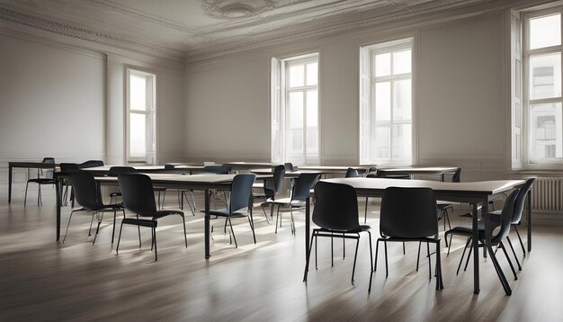 Фото Конференц-зал с столами и стульями с большим окном на заднем плане