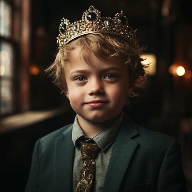 Фото Уверенный в себе мальчик с синдромом дауна в короне с генеративным искусственным интеллектом