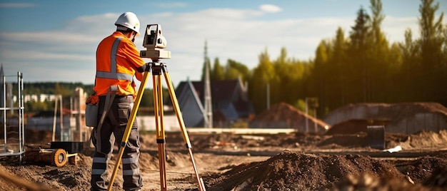 写真 建設作業員が建設現場で三脚を使っている