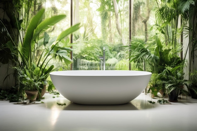 Фото Современная фарфоровая ванна и пышная растительность, расположенные рядом с нетронутой белой стеной внутри, как