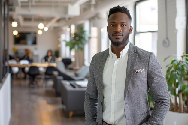 Фото Молодой чернокожий профессионал уверенно стоит в ярком стильном офисном ноутбуке в руке, готов к производительности.