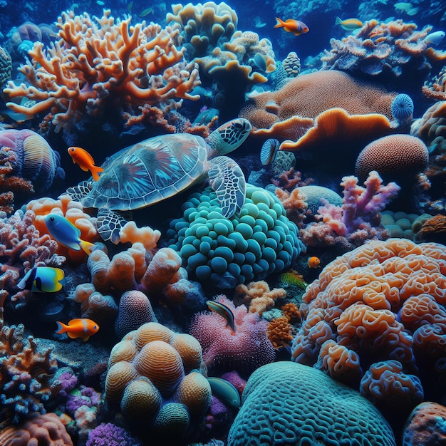 写真 海のカメとサンゴのサンゴ礁