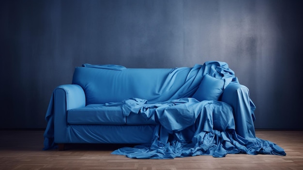 写真 青いカバーと青い枕が置かれたソファ